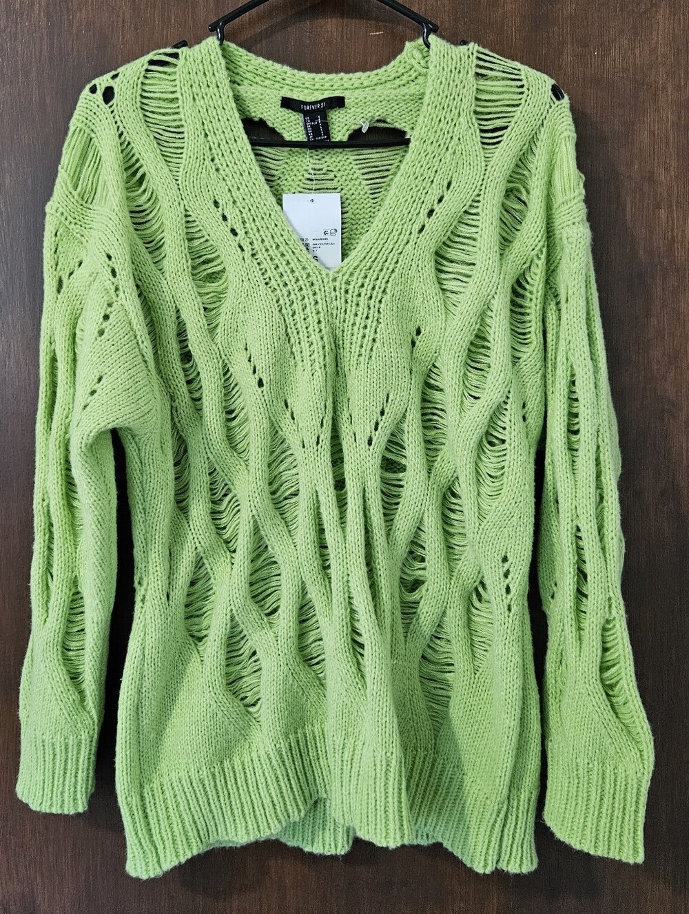 Forever 21 Bright Lime Green Distressed V-Neck Sweater Size Small